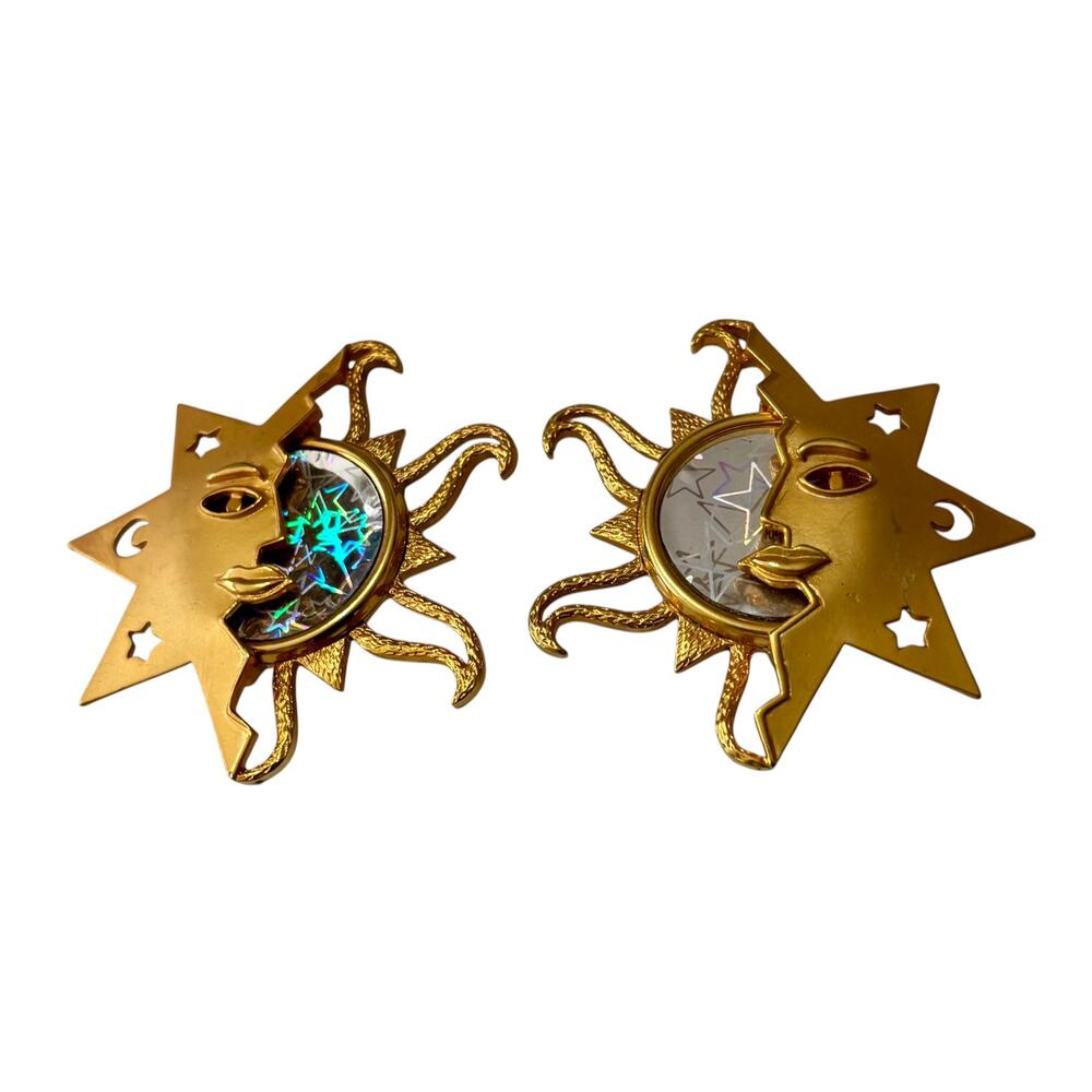 Vintage JJ Gold Sun and Moon Stars Earrings Holographic Clip On 2" x 2"